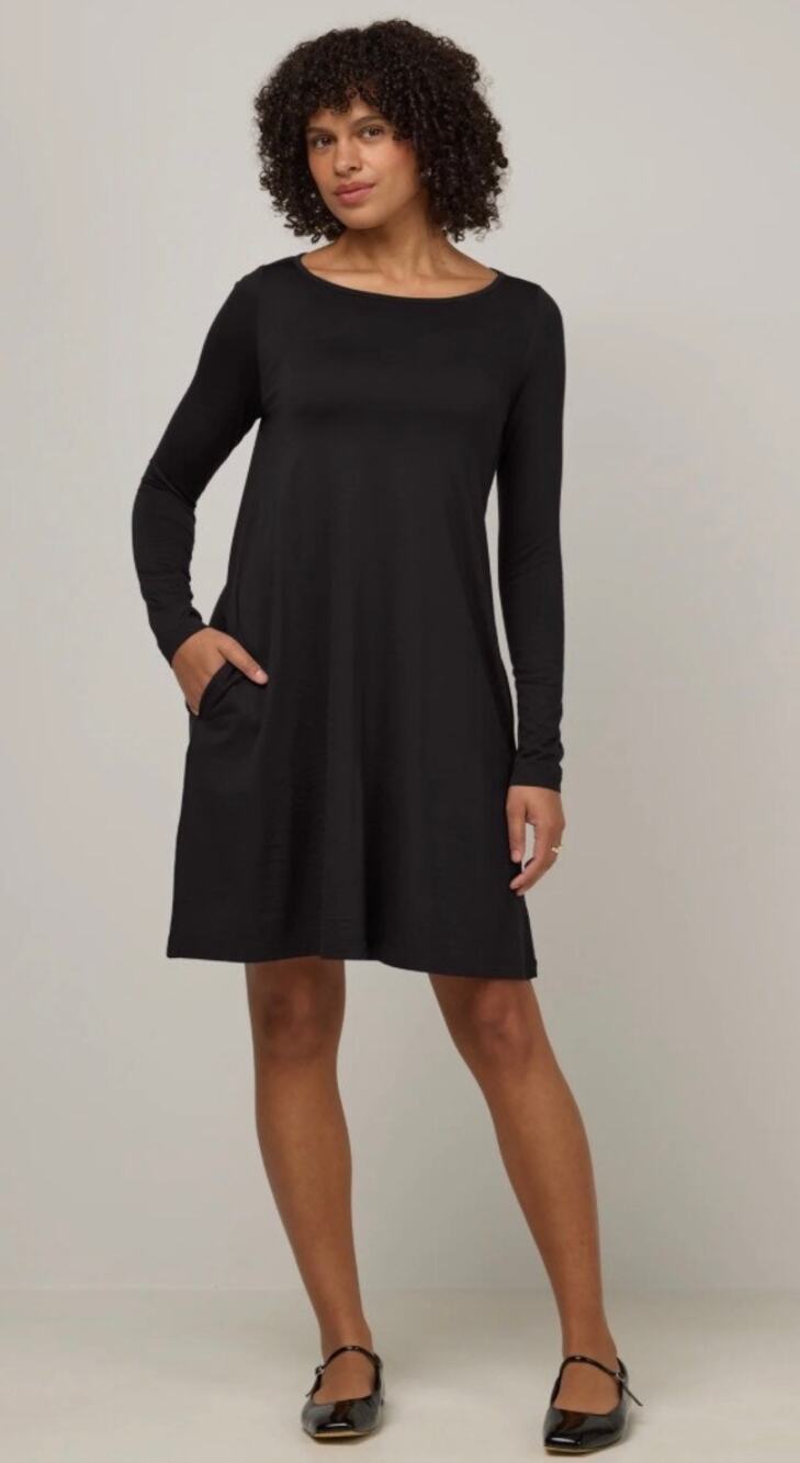 Wool& Rowena Swing Dress Long Sleeve Merino Wool Black Med Active Casual